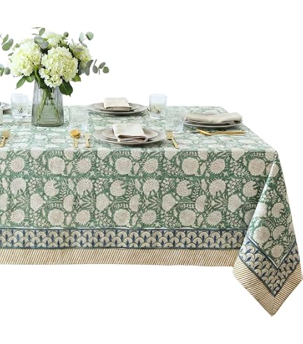 Tovaglia Rettangolare ATOSII Jade, 160x250 Cm, Tela Di Cotone 100%, Stampata A Mano Floreale, Boho