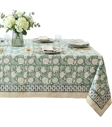 Tovaglia Rettangolare ATOSII Jade, 160x250 Cm, Tela Di Cotone 100%, Stampata A Mano Floreale, Boho
