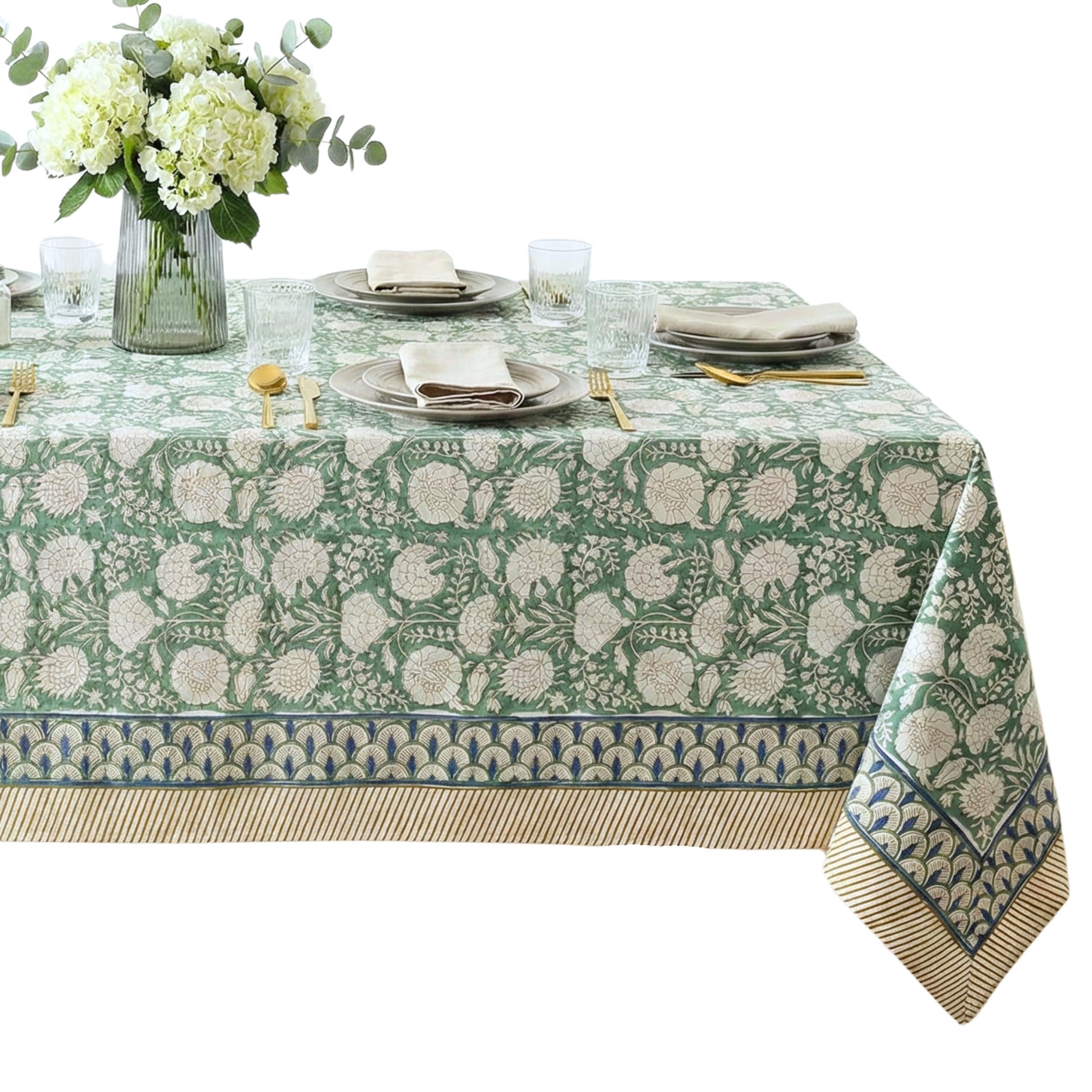 Photo 1 of ATOSII Jade 100% Cotton Boho Rectangle Summer Tablecloth, Block Print Floral Table Cloth Linen for Dining, Parties, Weddings, Outdoors Table Decor I 60 X 90 Inches I 6 Seater I