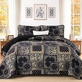 Cottolester Black Gold Quilts Queen Size,3 Pcs Boho Patchwork Quilt Bedding | Beautiful Paisley Flowers Print，Soft Microfiber Quilt for Guest Room,Lightweight Quilt Bedding Sets for All Seasons 96"x90"