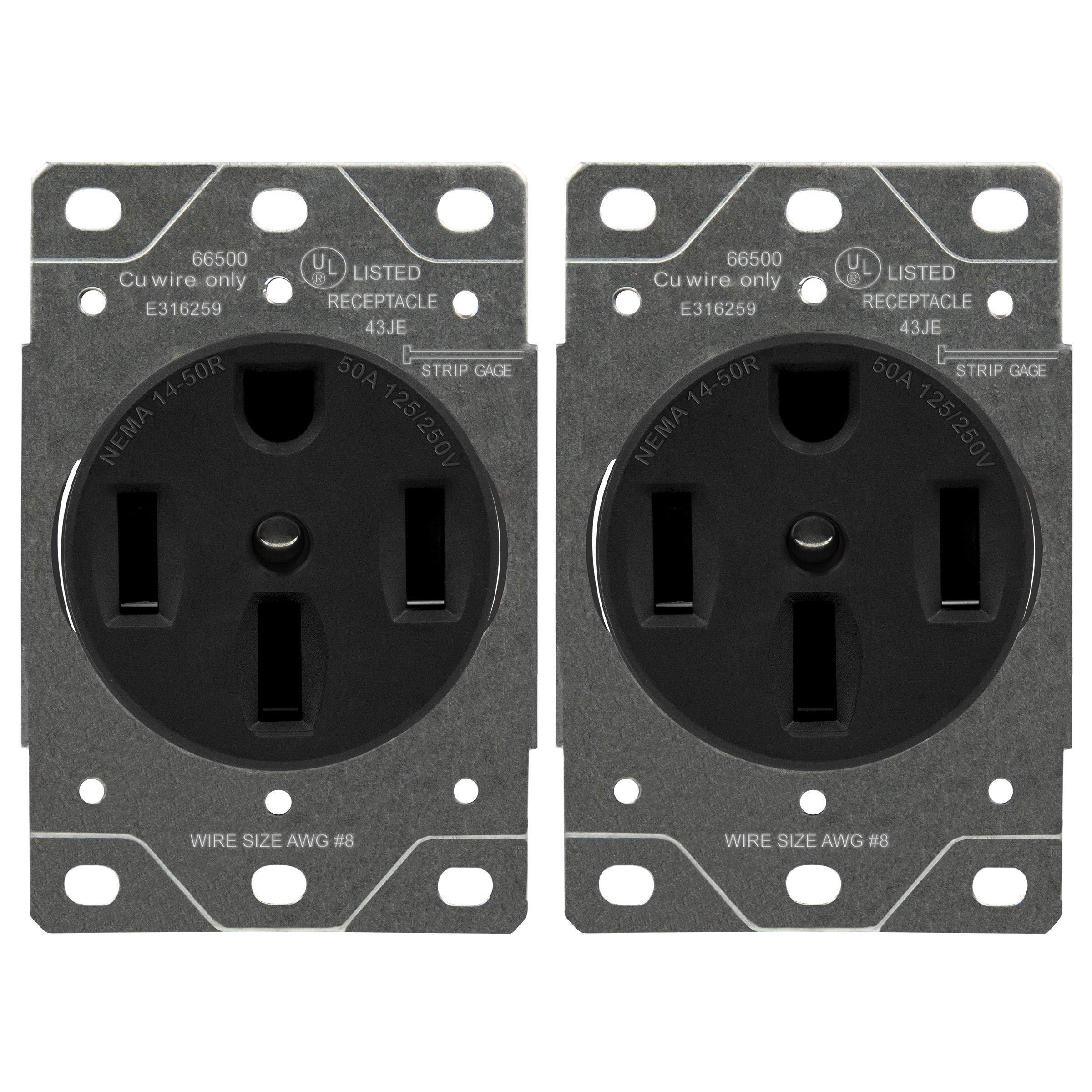  مخرج وعاء نطاق الطاقة 50 أمبير للمركبات الكهربائية RV ، الحامية ، المركبات الكهربائية ، NEMA 14-50R ، 3- القطب ، 4 أسلاك (8 ، 6 ، 4 AWG النحاس فقط) ، 125 / 250 فولت ، 66500-BK ، عبوتان ، أسود 