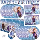 Frozen Birthday Party Decorations with Banner, Tablecloth, Plates &amp; Napkins | Officially Licensed Elsa Birthday Party Decorations, Serves 16 Guests, Paper Dinnerware Made in USA