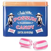 Archie McPhee Possum Flavored Hard Candy - 2.5 oz Tin, Individually Wrapped Pink and White Striped Candies, Tastes Like Possum, Novelty Gag Gift