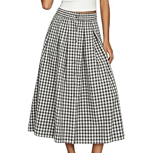 Esmeling Women Gingham Button Skirt Elastic High Waist A Line Midi Skirt Casual Long Skirt with Pockets