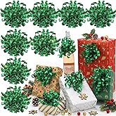 Canlierr 12 Pcs Large Christmas Bows for Gift Wrapping 5 Inch Metallic Curly Ribbon Bows Self Adhesive Burst Gift Bow for Xmas Presents Wine Bottle Treat Bags Party Decorations(Green)