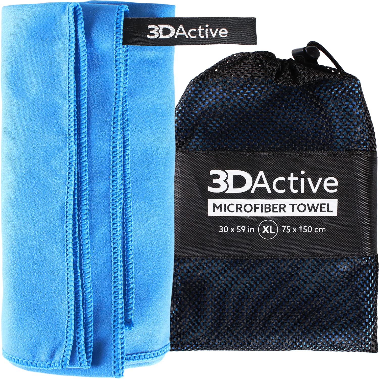 3DActive Microfiber Towel for Gym, Sports & Travel. Ultra Absorbent, Quick Drying, Lightweight, Compact with Carry Bag, Perfect for Workouts, Beach & Outdoors - Extra-Large 30" x 59" - Blue