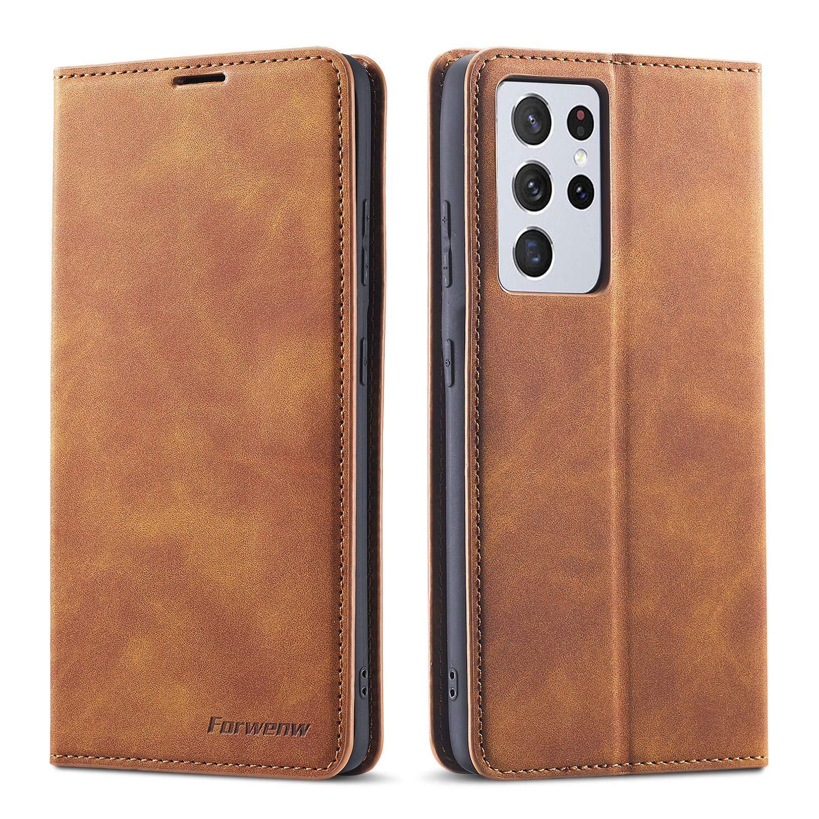 QLTYPRI Case for Samsung Galaxy S21 Ultra 5G, Premium PU Leather Cover TPU Bumper with Card Holder Kickstand Hidden Magnetic Adsorption Flip Wallet Case Cover for Samsung Galaxy S21 Ultra 5G - Brown
