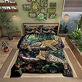 Castle Fairy Africa Leopard Comforter Set King Size for Kids Tropical Jungle Plant Bedding Sets All Season Natrual Fierce Animal Quilt Set Bedroom Decor Cute Butterfly Down Comforter,3Pcs