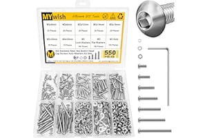 Mywish 550Pcs M3 Screw Metric Screw Assortment, 304 Stainless Steel Hex Socket Button Head, 3D Printer DIY Metric Bolt Assortment, Flat & Spring Lock Washers/Nuts/Hex Wrenche M3*6/8/12/14/16/20/25mm