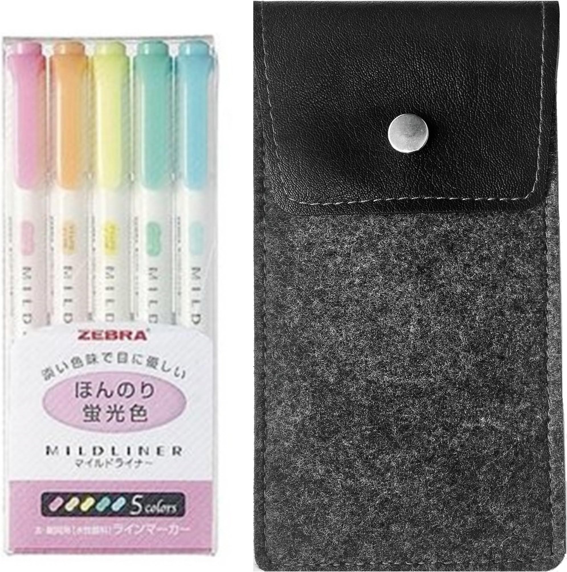 Zebra MILDLINER WKT7-5C Highlighters Fluorescent Marker 5-Colour with Original Felt Pen Case