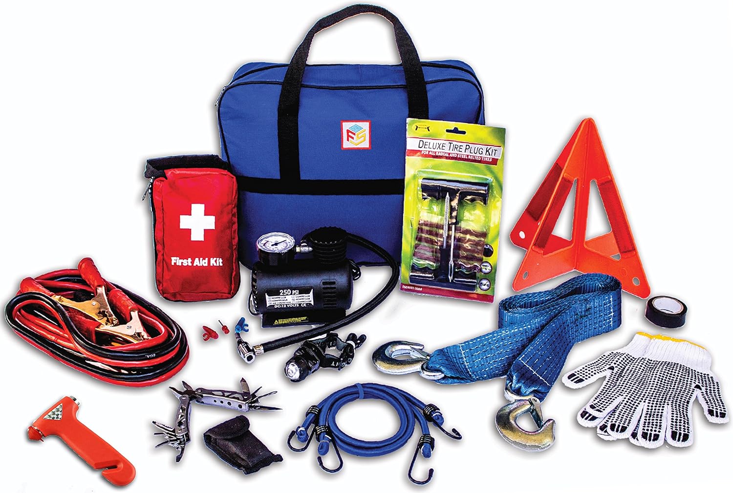 First Secure 90Piece Car Emergency Kit with Roadside Assistance Jumper Cables Portable Air