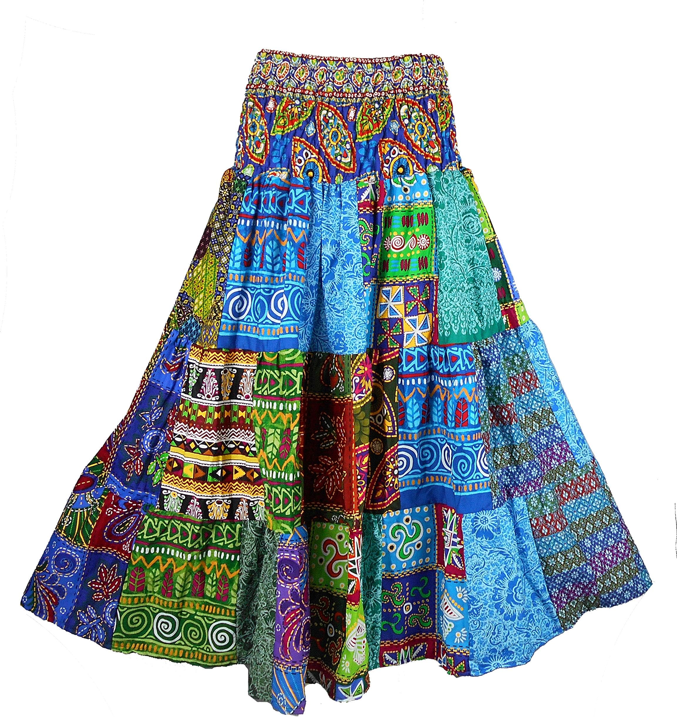 Women Hippie Boho Colorful Patchwork Smocked Stretch Waist Tiered Long Skirt