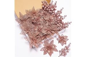 ZHUQING 22Pcs Christmas Poinsettia Artificial Flowers and Glitter Berries Stems Kit, 16Pcs Christmas Tree Flowers Ornaments and 6 Pack Christmas Tree Picks for Wedding Holiday Decorations (Rose Gold)