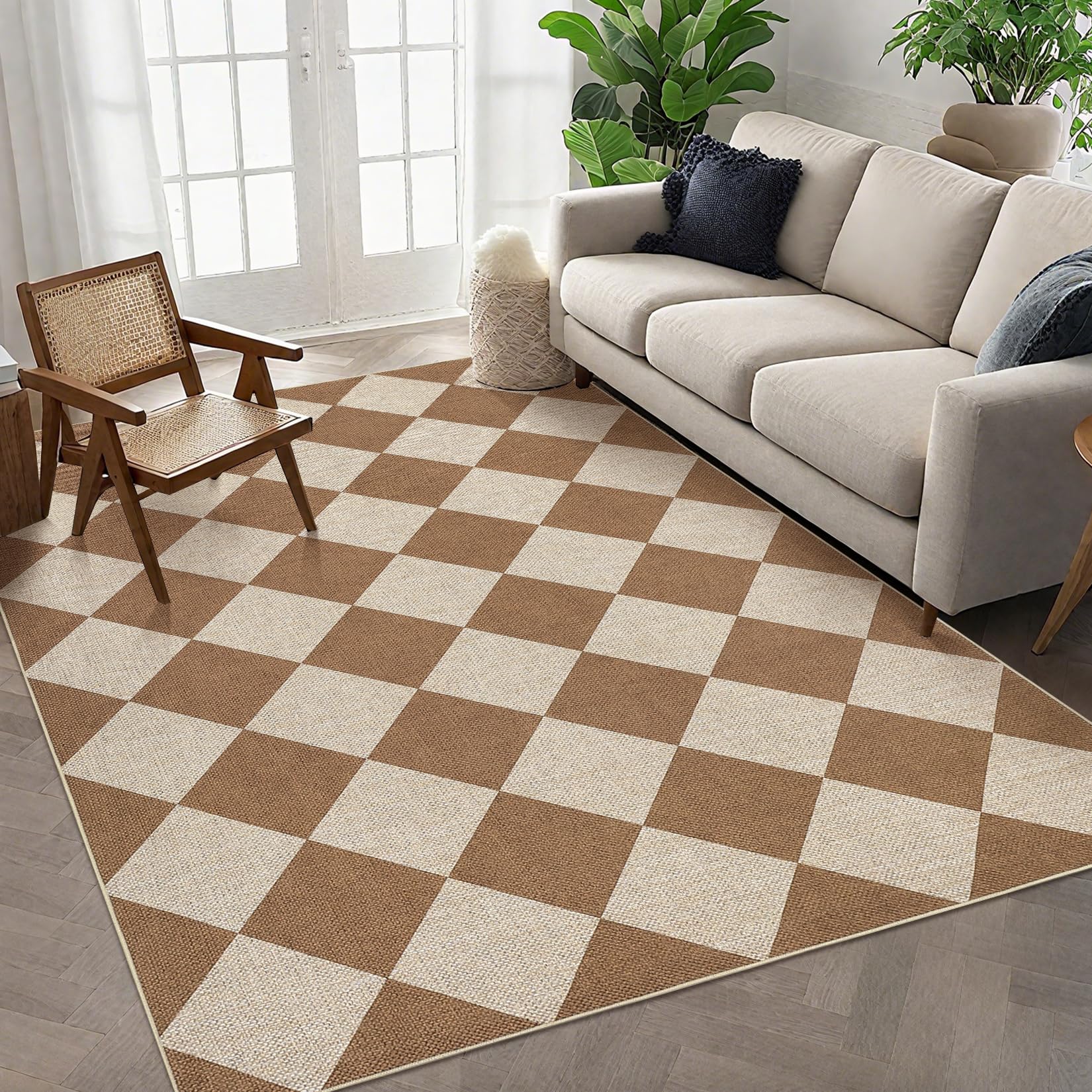 GarveeHome Easy Jute Area Rugs 6x9 for Living Room Non-Slip Backing Checkered Rugs Machine Washable Modern Indoor Outdoor Carpets for Dining Room Nursery Patio Bedroom Backyard Camping Brown