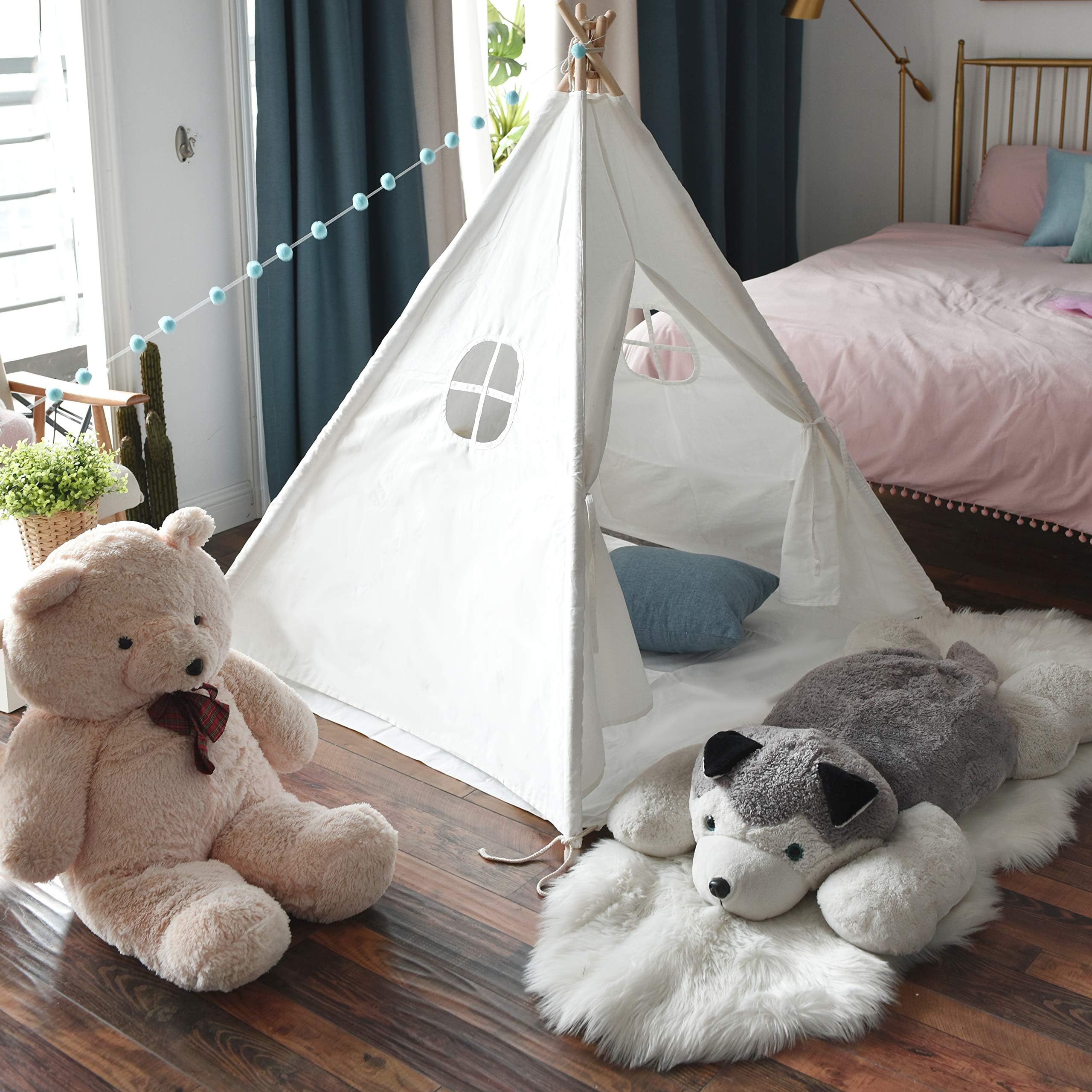 Kids Teepee Tent with Padded Mat & Carry Case Playhouse Play Tent for Boys or Girls - Princess Castle Play Tent Kids Foldable Play Tent for Indoor Outdoor, Raw White Canvas Teepee - Kids Playhouse -
