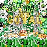 Soccer Party Decorations, 255PCS Green Soccer Birthday Party Supplies Including Tablecloth Curtains Happy Birthday Banner Plates Napkins Cake Topper Latex Balloons Foil Balloons (Green)