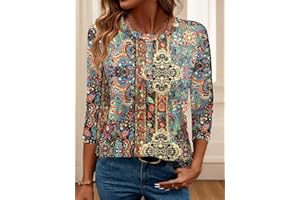 Womens 3/4 Length Sleeve Tops Round Neck Tunic Shirts Dressy Casual Button Blouses Trendy Fall Business Basic Outfits