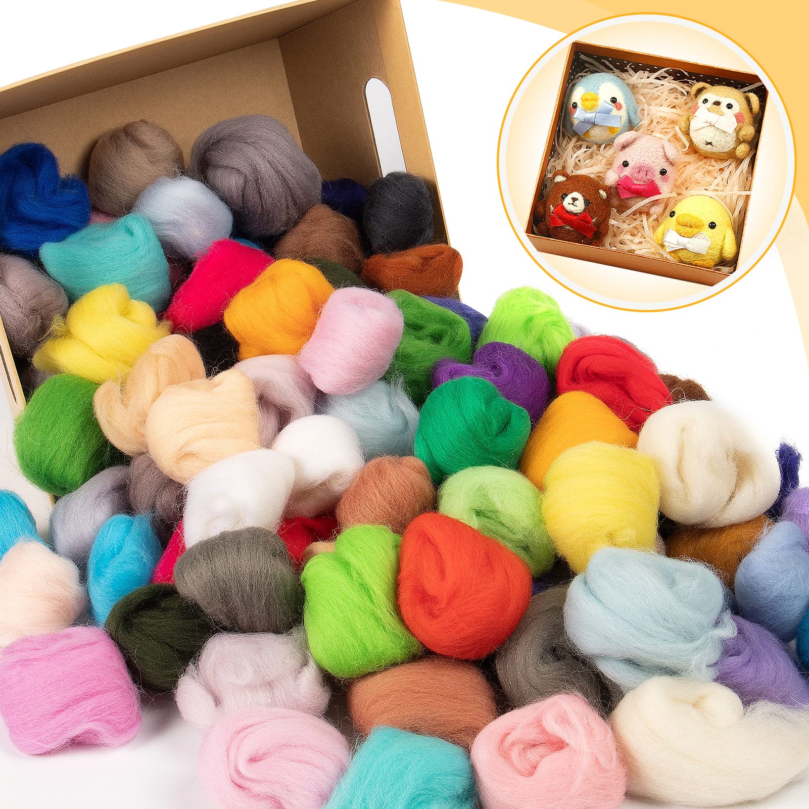 96pcs 10.4 oz Needle Felting Wool - 48 Colors Nature Wool Roving Yarn for Beginners Hand Spinning Felting Supplies, 3g/Pack