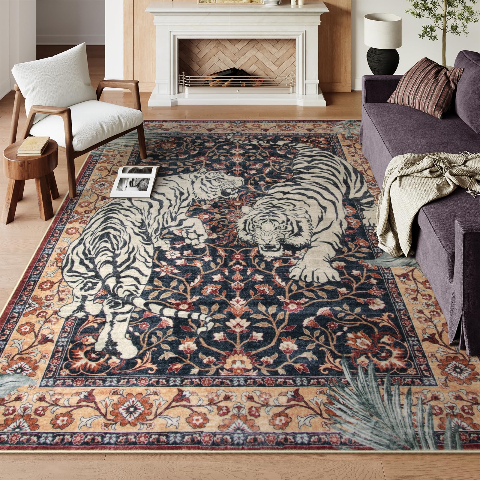 Photo 1 of Moynesa Tiger Washable Area Rugs 8x10, Large Boho Rugs for Living Room, Vintage Non Slip Dining Room Rugs for Under Table, Ultra Thin Soft Floor Carpet for Office Bedroom, Puce Red