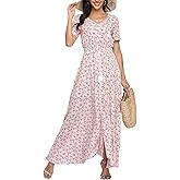 Women's Floral Maxi Dresses Casual Long Summer Boho Beach Dress Short Sleeve Button Up Split Party Dress