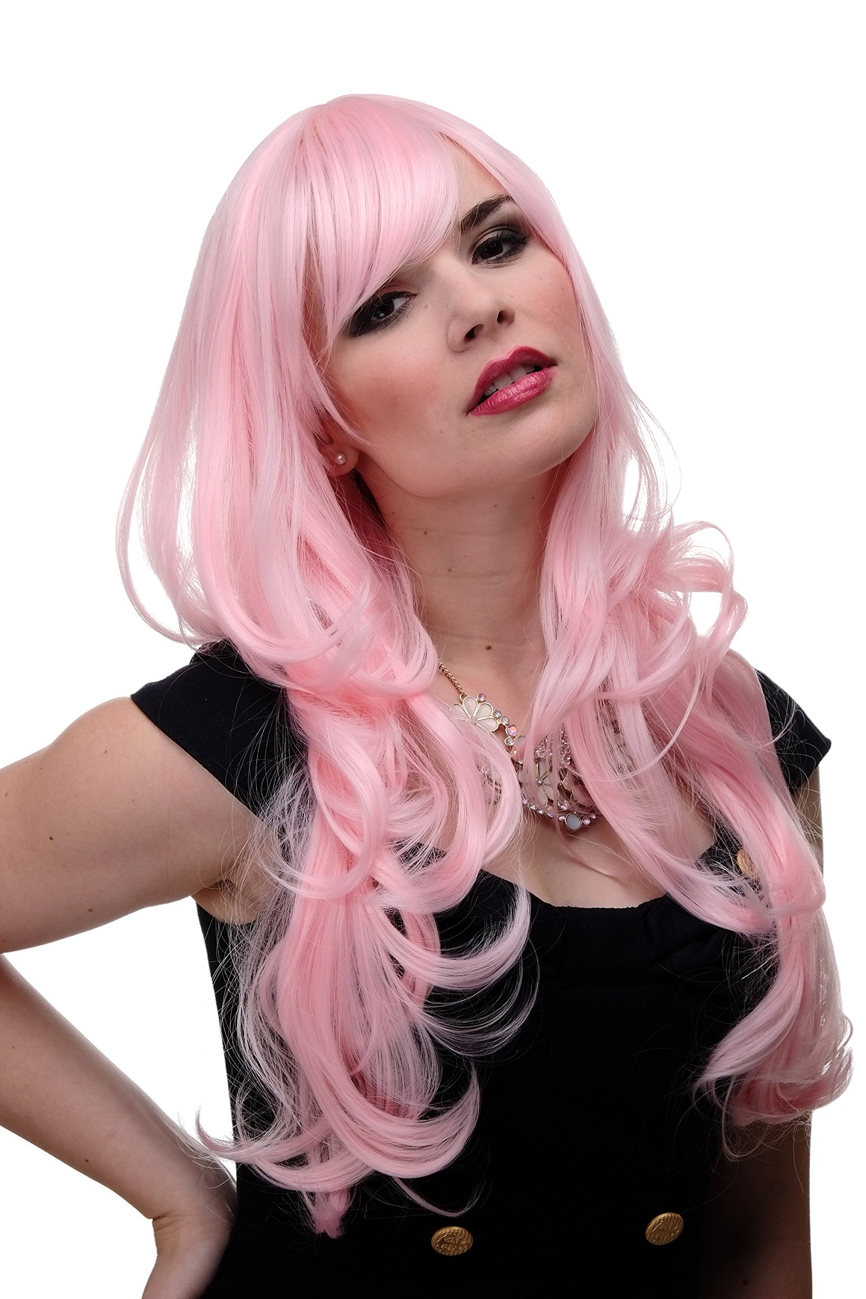 WIG ME UP 285-T2333 Lady Quality Cosplay Wig very long beautiful curling ends straight top fringe bangs bright pink approx 25inch