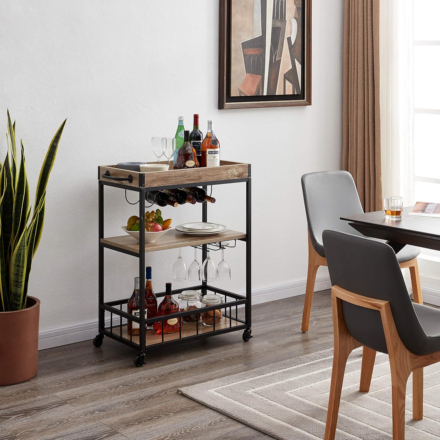 Tayene Bar Serving Cart Home Myra Rustic Mobile Kitchen Serving cart, Industrial Vintage Style Wood Metal Serving Trolley (Oak-A) - Bar & Serving Carts