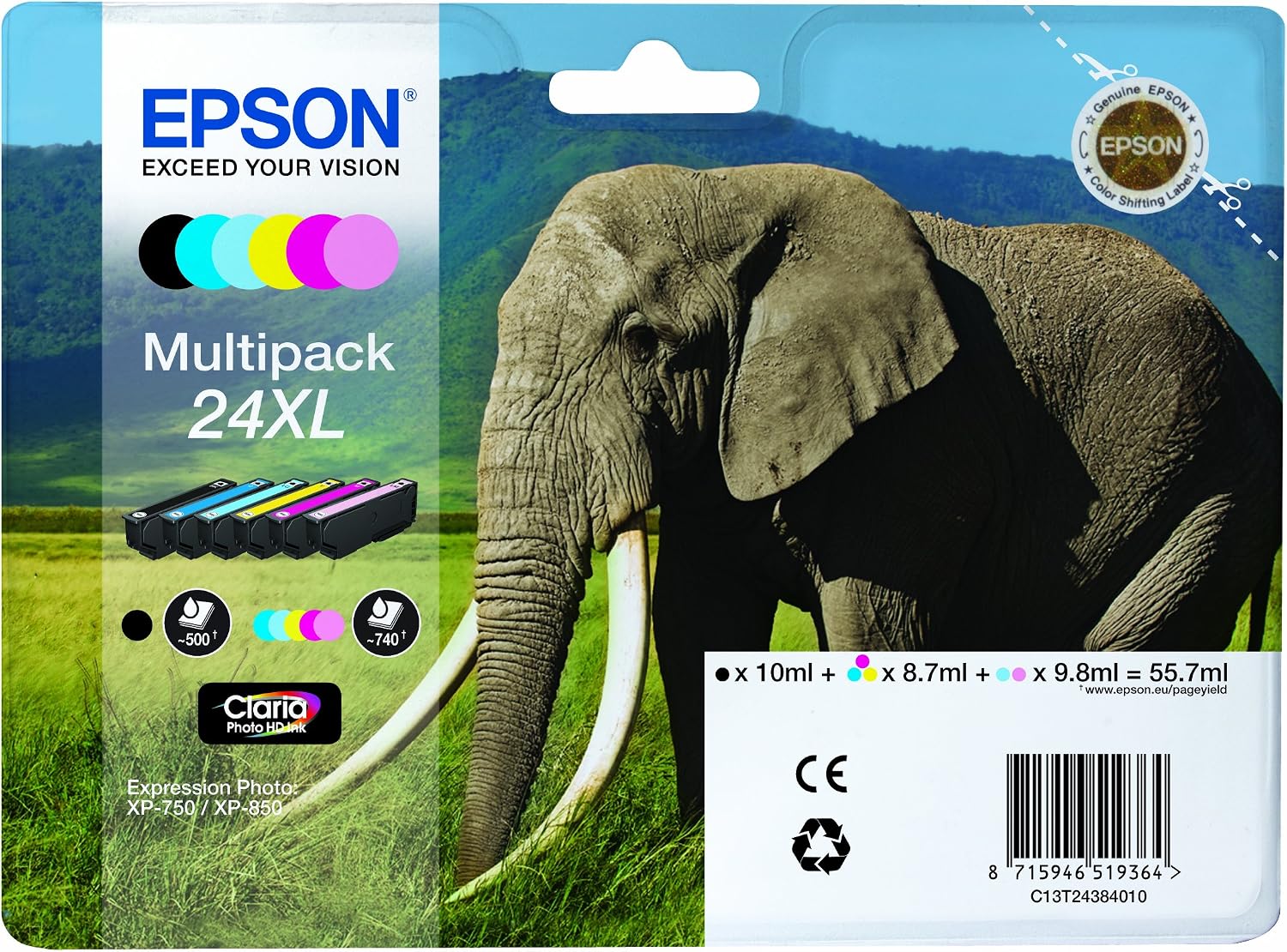 EPSON C13T24384010 Elephant 24XL (RF/AM) High Capacity 6 Colour Multipack Ink Cartridge (Black Cyan Magenta Yellow Light Cyan Light Magenta) for Expression Photo: XP-750 / XP-850 T2438