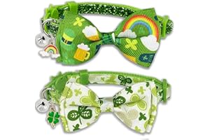 Pohshido 2 Pack St. Patrick's Cat Collar with Bow Tie and Bell, Kitty Kitten Breakaway Lucky Irish Shamrock Collar for Girls and Boys Male Female Cats (The Lucky One)