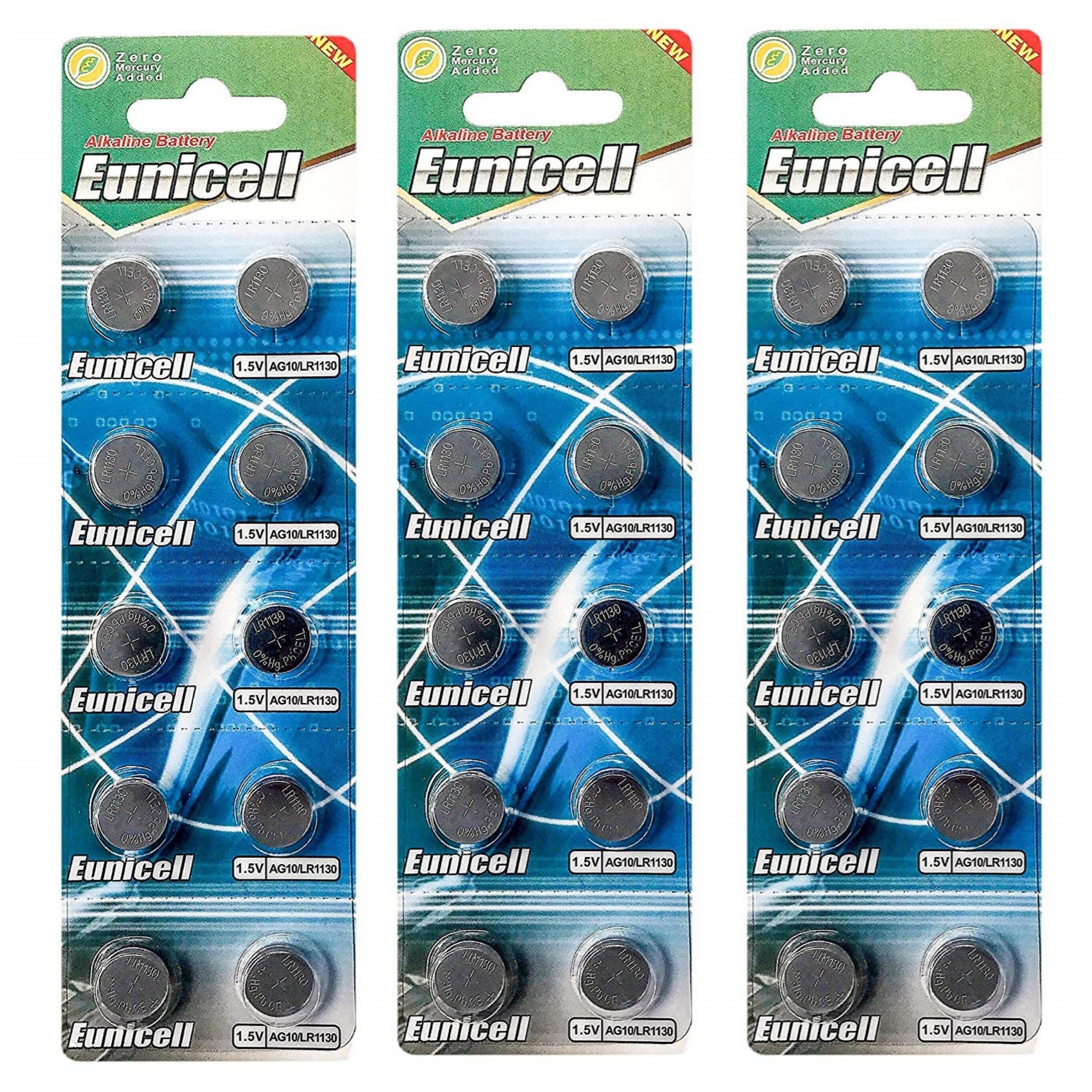 Eunicell Lot de 10 piles bouton alcalines AG10 Type G10 LR54 LR54SW LR1130 L1130E LR1130SW LL1131 L1131E SR1130W 389 390