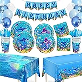 Under the Sea Party Decorations, Ocean Themed Party Decorations Tableware Set for 24 Guests with Paper Plates Napkins Cups Cutlery Tablecloths Banners & Balloons, Ocean Animal Birthday Party Supplies