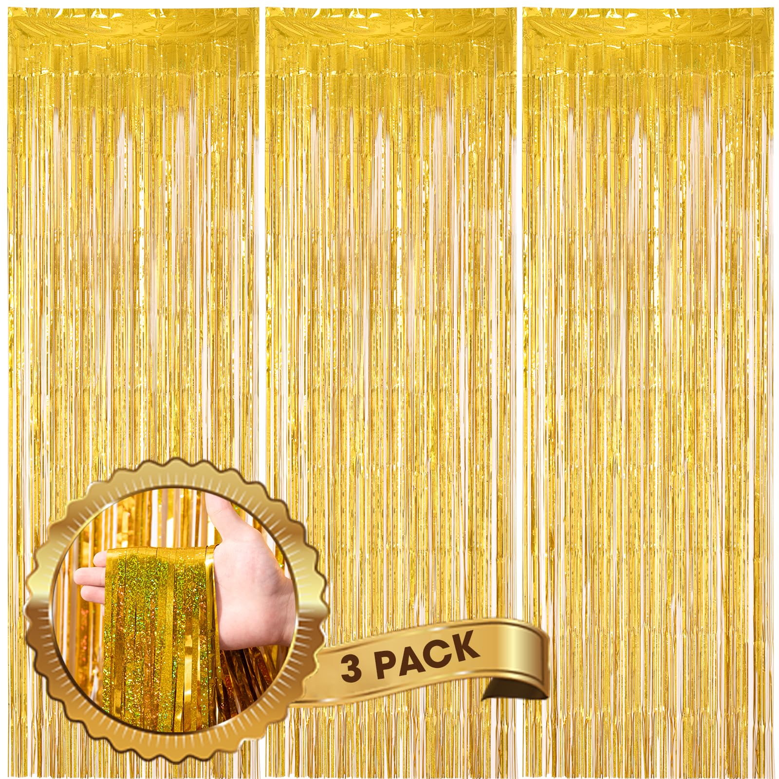 Photo 1 of Voircoloria 3 Pack 3.3 x 8.2 ft Laser Gold Foil Fringe Backdrop Curtains, Tinsel Streamers Birthday Party Decorations, Fringe Backdrop for Graduation, Baby Shower, Gender Reveal, Disco Party