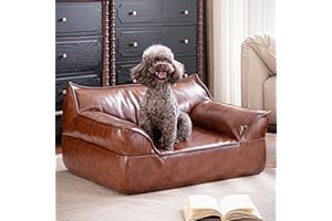 ATJafurn Brown Leather Dog Couch Bed for Medium Small Dogs Under 50 lbs, 31.5 Inch Mid-Century Modern Luxury Elevated Dog Sofa Indoor, Furniture Style Vintage Raised Pet Sofa Bed (Medium)