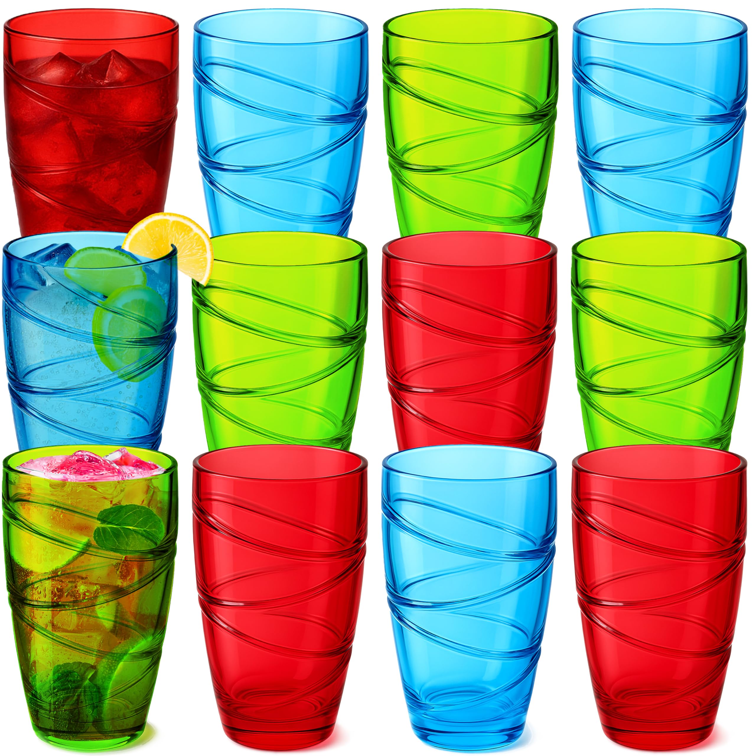 Set of 12 Plastic Tumblers - 500ml Coloured Plastic Drinking Glasses with Swirl Design, Reusable, Unbreakable, Stackable Garden Glasses, Acrylic Tumblers for Adults, Kids, Picnic, Camping, Party