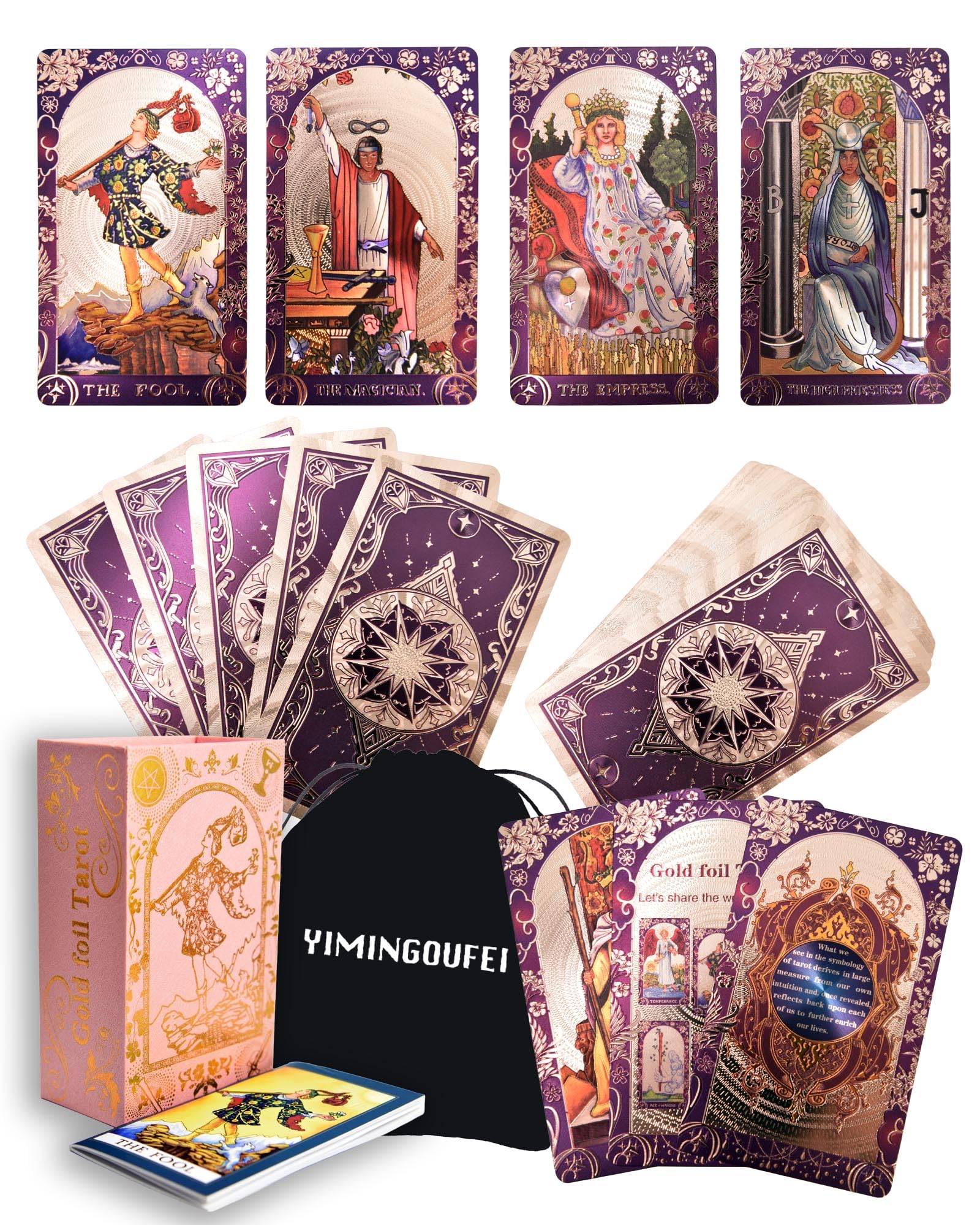 YIMINGOUFEI English Version Ryder-Waite Gold Foil Tarot Deck, 78 Cards plus 2 Spare Cards, Instruction Manual, Waterproof Holographic Design, Perfectly Mirrored Card Back, Suitable for Tarot Readers