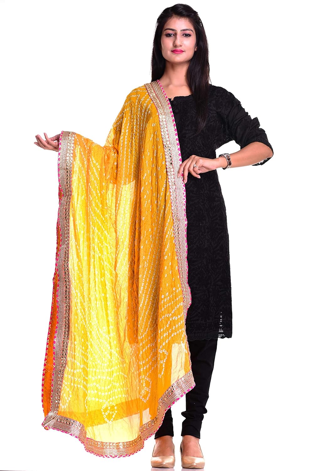 kastiel women's chiffon art silk bandhej dupatta (kdp6010,yellow,free size)