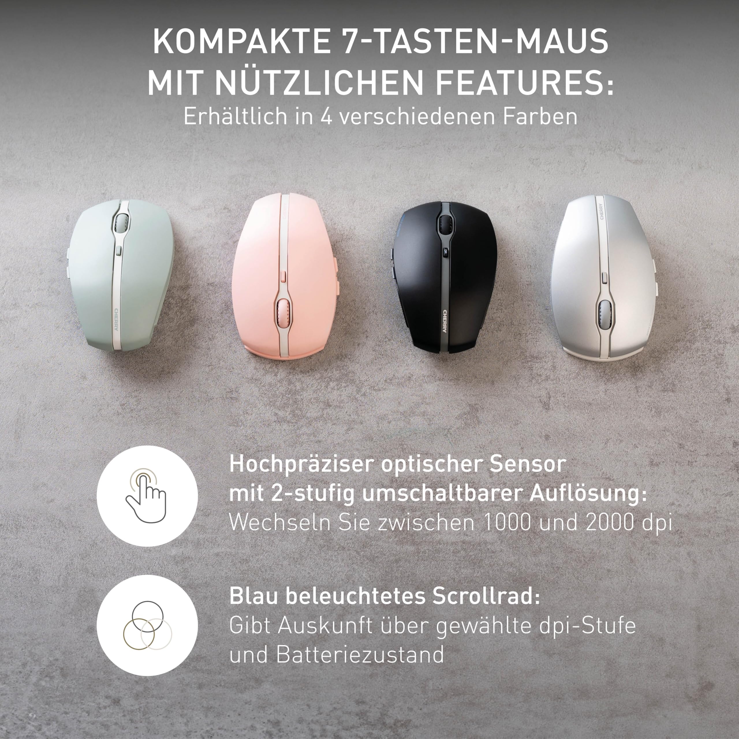CHERRY GENTIX BT, kabellose Bluetooth Maus, Multi-Device Funktion für bis zu 3 Endgeräte, umschaltbare Auflösung (1000/2000 DPI), 7 Tasten und Scrollrad, batteriebetrieben, Cherry Blossom 6