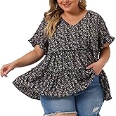 Agnes Orinda Plus Size Women's Blouse Summer Tops V Neck Short Sleeve 2025 Boho Floral Babydolls Blouses