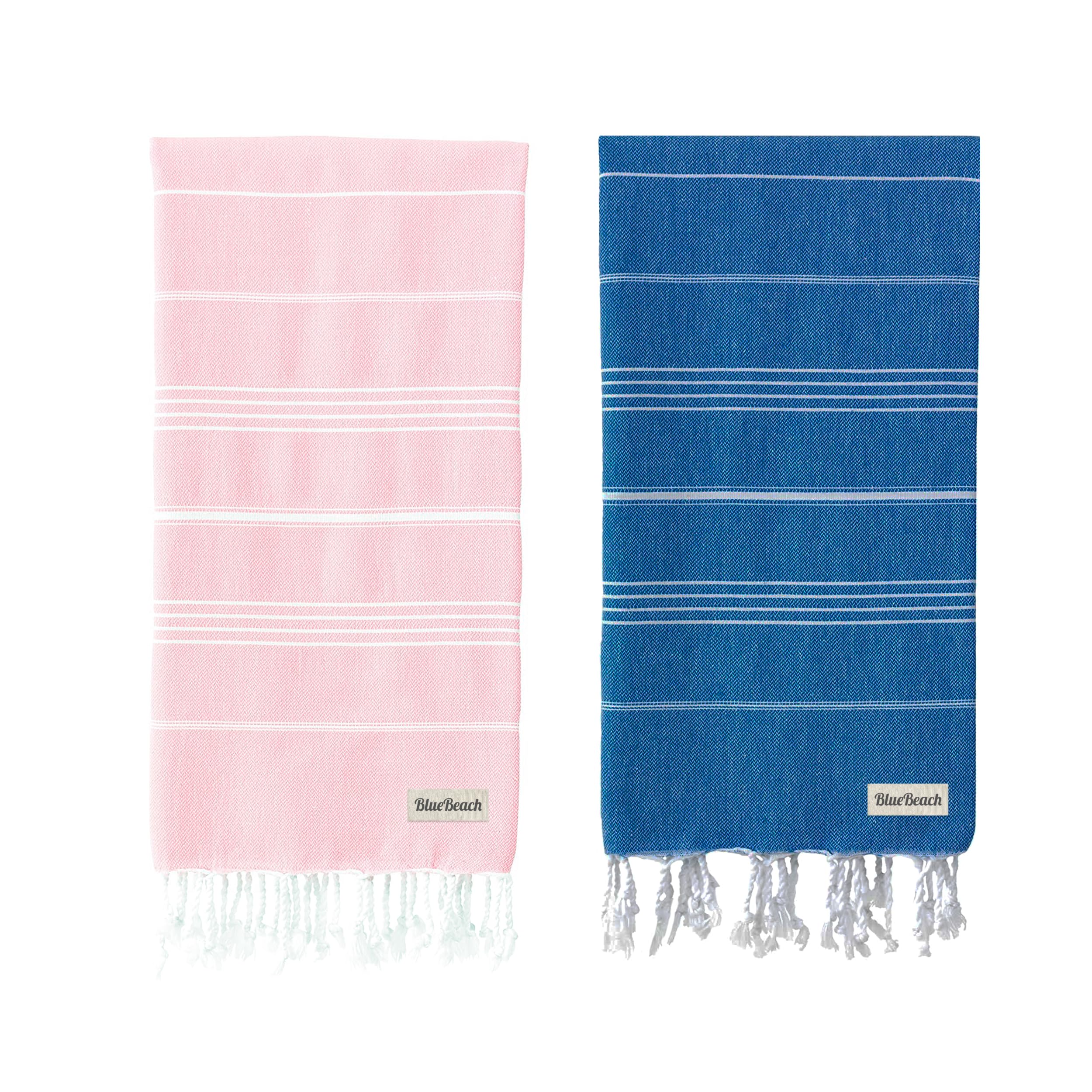Blue Beach Turkish Towel - Set of 2-100x180cm Large Turkish Hammam Peshtemal Towel - Super Absorbent, Quick Dry, Lightweight, Compact Towels for Swimming, Bath, Gym and Travel (Blue + Pink) — image 1