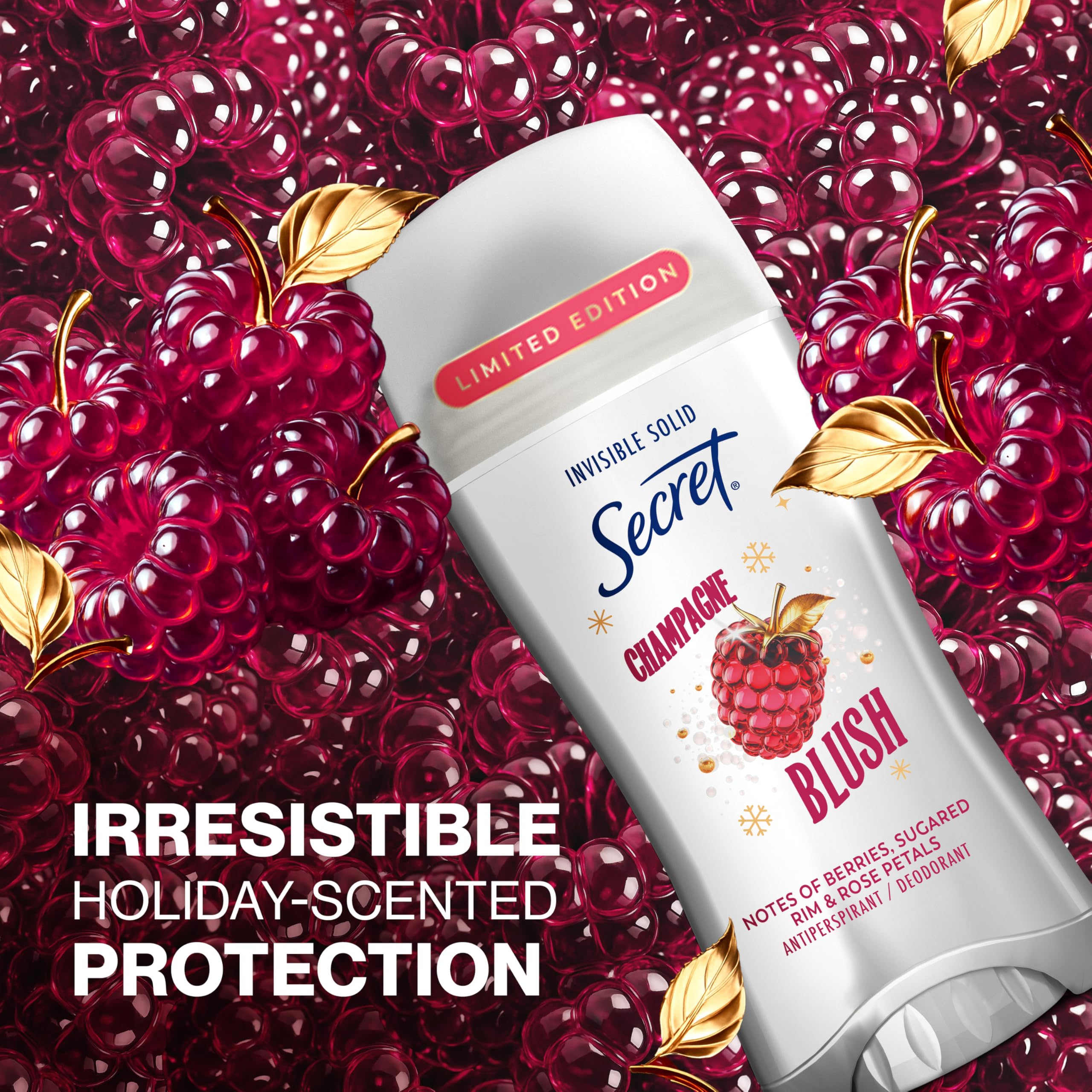 Secret Fresh Antiperspirant Deodorant for Women, 72hr Breathable Odor Protection with Pro-Hyaluronic Acid, Holiday Invisible Solid, Champagne Blush with Berries, Sugared Rim & Rose Petals Scent, 2.6oz