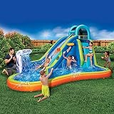 Inflatable Giant Water Slide - Huge Kids Pool (14 Feet Long by 8 Feet High) with Built in Sprinkler Wave and Basketball Hoop 