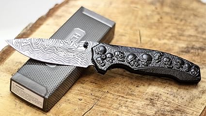 Amazon Com Wartech Thumb Open Spring Assisted Skull Titanium Handle Etched Damascus Wave Blade Pocket Knife Pwt242bk Sports Outdoors