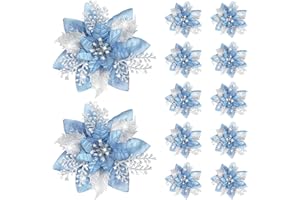 Canlierr 12 Pieces 5.7 Inch Christmas Poinsettia Flower Christmas Glitter Artificial Flower with Clips Xmas Tree Ornament for Wreath Garland Party Decor (Sky Blue)