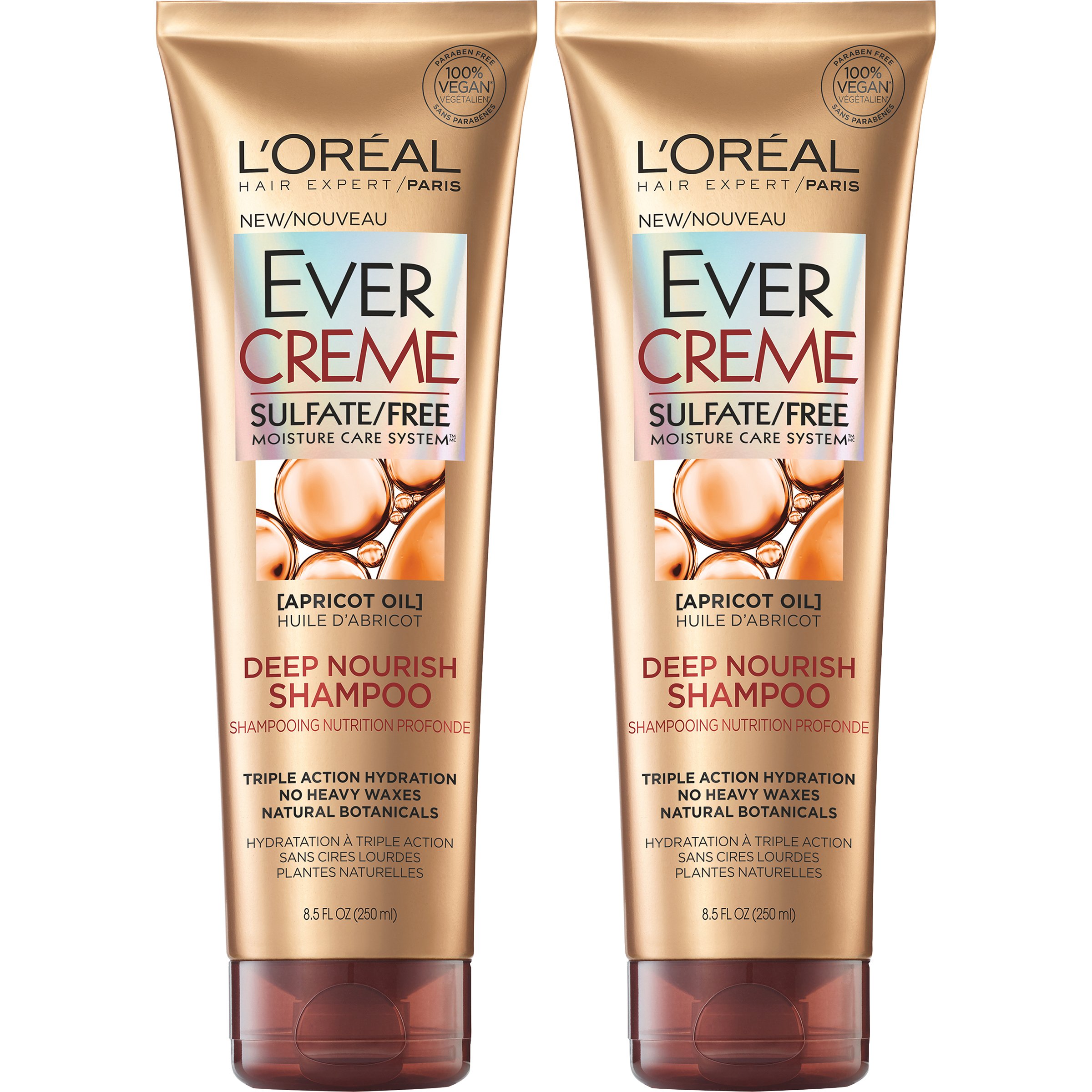 L'Oreal Paris EverCreme Sulfate Free Shampoo for Dry Hair, Triple Action Hydration for Dry, Brittle or Color Treated Hair, with Apricot Oil, 8.5 Fl; Oz (Pack of 2) (Packaging May Vary)