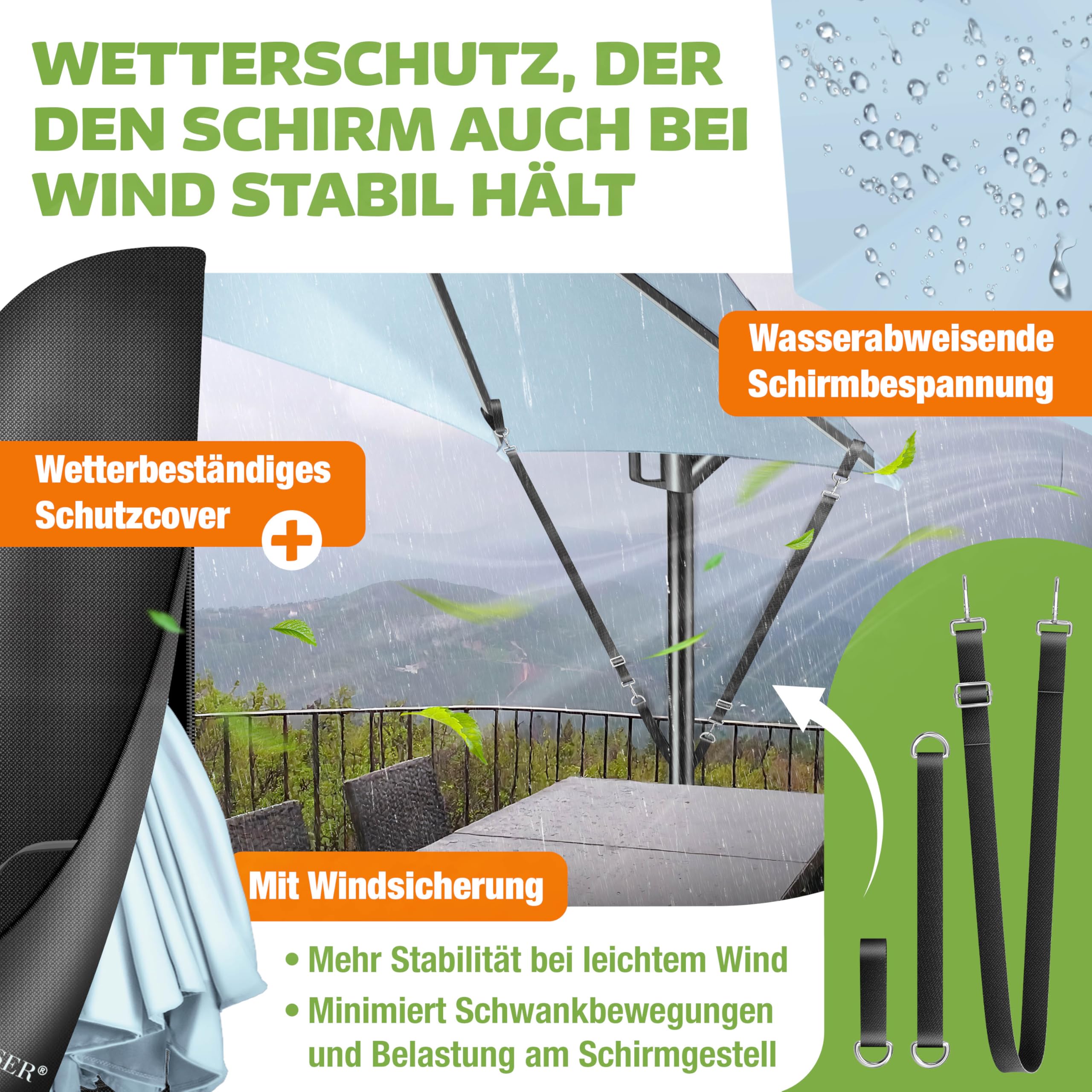 KESSER® Sonnenschirm Solar Ø 300 cm/Ø 350 cm mit LED Beleuchtung, Ampelschirm mit Kurbel, Garten, Sonnenschutz, Gestell & Ständer aus Alu, UV-Schutz, wasserdicht + Windfest, 360° Funktion + Hülle 7