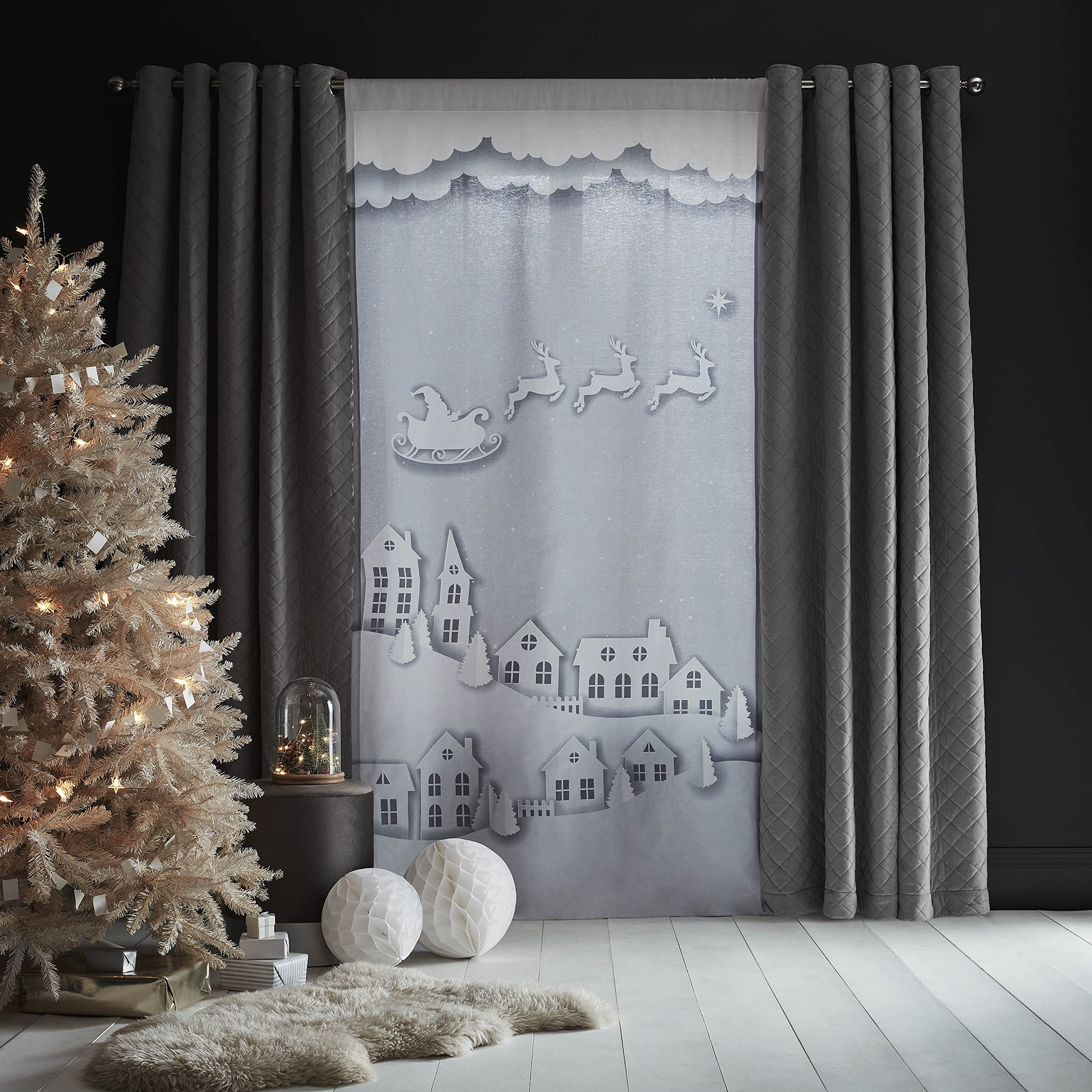 Catherine Lansfield Santas Christmas Roof Tops 46x90 Inch Slot Top Curtain Panel Grey