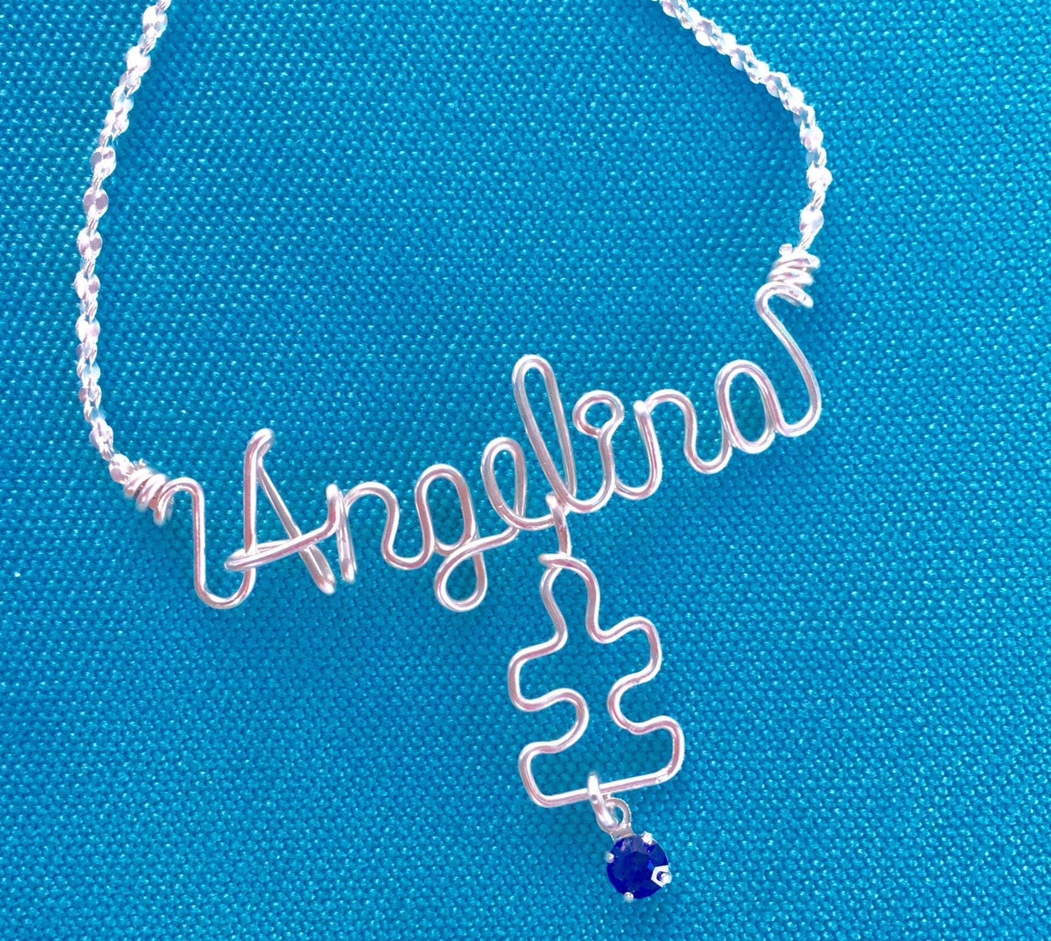 Personalized Puzzle Piece Necklace or Anklet~Wire Name Jewelry~Silver, Rose Gold or Gold~Jigsaw Puzzle Piece~Autism Awareness~Charm w/Swarovski Birthstone