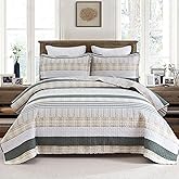 Homzard Quilt King Size - Cotton King Size Comforter,Beige Grey Plaid Bedding Set,Striped Bedspread Set(106 * 98 Inches),3 Piece
