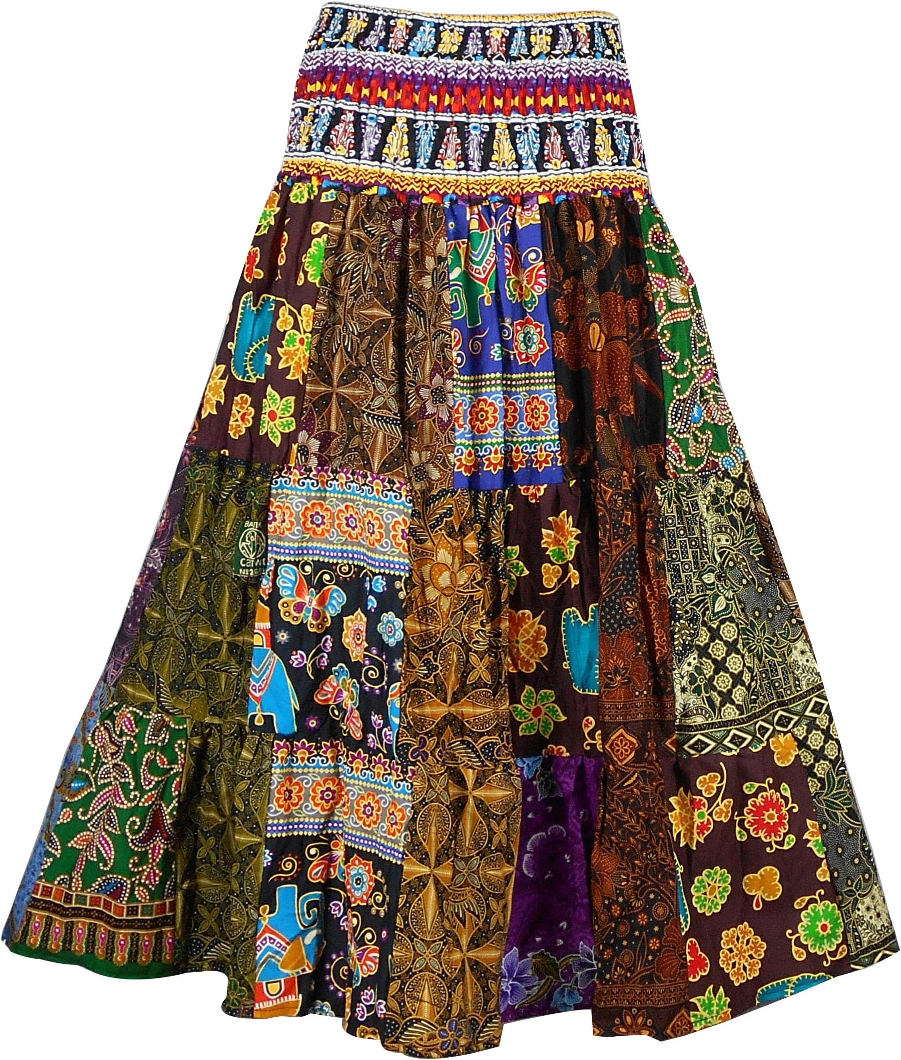 BONYA Women's Hippie Boho Colorful Patchwork Smocked Stretch Waist Tiered Long Skirt (Color38)