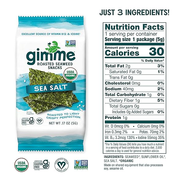 GIMME SEAWEED, ORGANIC ROASTED SEAWEED, (5G), NON-GMO & GLUTEN-FREE, SEA SALT, 0.17 OZ