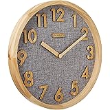 12 inches Silent Non-Ticking Quartz Wall Clock Kitchen Clock,3D Wood Numbers Display,Wood Frame and Linen Face Clock for Home